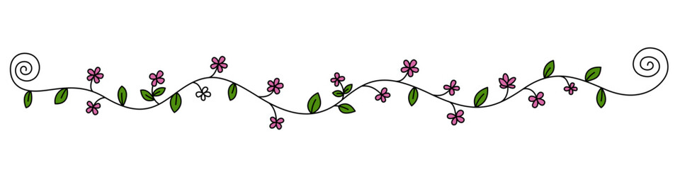 Decorative colored floral border with pink flowers and green leaves. Vine drawing with editable black stroke on white background. Vector illustration.