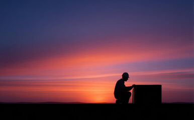 Obraz premium Silhouette of lonely man at sunset, technician in deep contemplation during repair. colorful twilight sky backlights pensive person working alone on an air conditioner