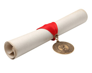 Rolled Diploma with Red Ribbon and Gold Medal isolated on a transparent background