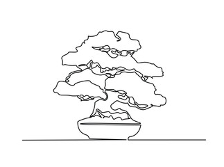 Continuous line art drawing of bonsai tree in a pot. Beautiful bonsai tree art in single outline illustration.