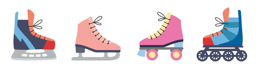 Set of ice skates and rollerblades for skating, sports, and recreation. Trendy modern vector illustration isolated on white background, hand drawn, flat design