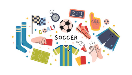 Round composition with soccer and football accessories including jersey, shoes, gloves, scoreboard, and field. Trendy modern vector illustration isolated on white background, hand drawn, flat design