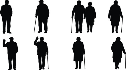 Elderly people silhouettes walking with cane, senior couple illustration, old man and woman vector design symbolizing aging, care, support, and companionship concept