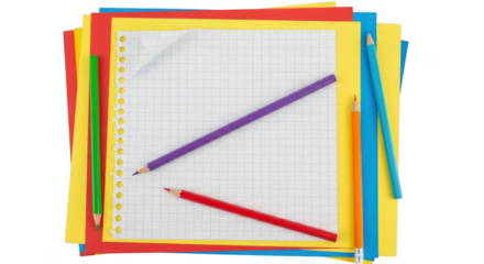 Stack of colorful paper with pencils on transparent background