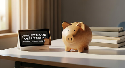 Piggy bank and retirement countdown clock on a desk, symbolizing financial planning for retirement and the importance of saving money