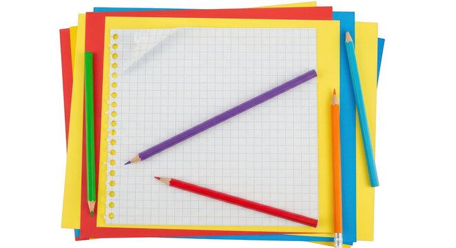 Stack of colorful paper with pencils on transparent background - Powered by Adobe