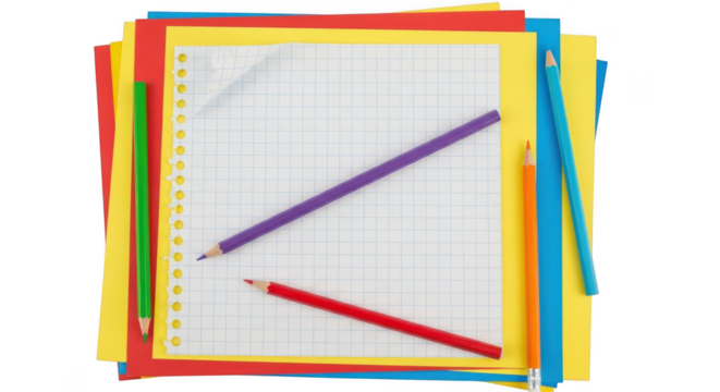 Stack of colorful paper with pencils on transparent background - Powered by Adobe