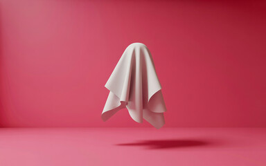 Floating white fabric draped over an invisible form against a vibrant pink backdrop creating a sense of mystery and intrigue perfect for product reveals or abstract concepts in design and advertising