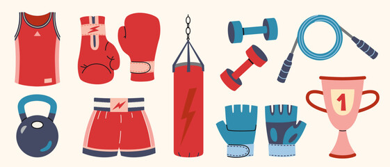 Boxing gear collection with gloves, punching bag, shorts, dumbbells, rope and trophy. Trendy modern vector illustration isolated on white background, hand drawn, flat design