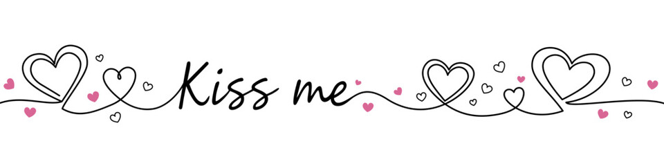 Naklejka premium Decorative border with hearts and the text Kiss me. Romantic design with colored elements and editable black stroke. Vector illustration.