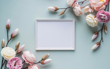 Elegant floral frame mockup featuring soft pink and white blossoms against a serene blue background perfect for showcasing artwork or announcements with a touch of natural beauty
