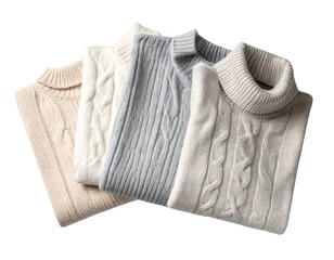 Set of Three Neutral Wool Jumpers in Beige, Gray, and Cream, Flat Lay Composition, Isolated on Transparent Background