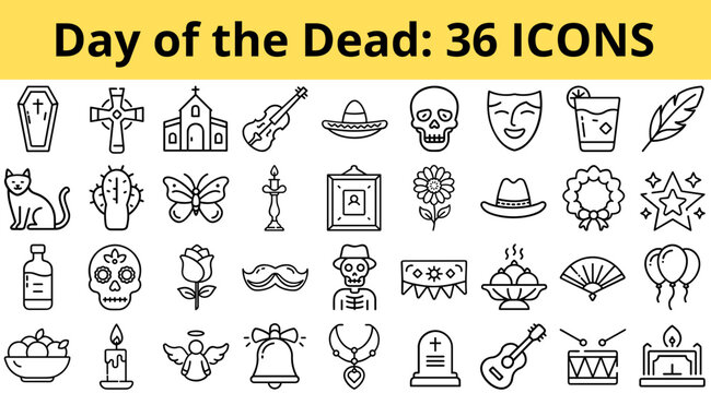 Day of the Dead icons collection featuring traditional symbols and themes  