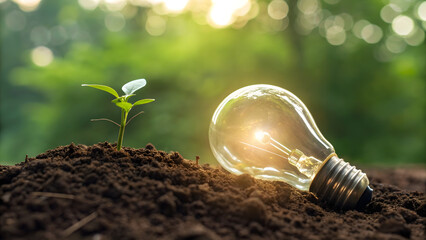 Sprout inside glowing bulb half-buried in soil