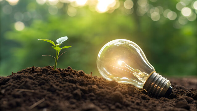 Sprout inside glowing bulb half-buried in soil