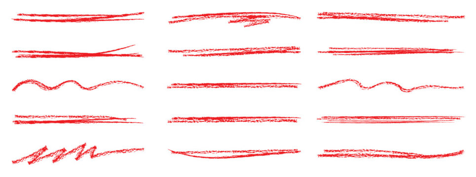 Red underline. Scribble marker or pencil strokes, scribble stroke pencil lines. Vector set of red hand drawn crayon underline marks and strokes with rough textured sketchy lines. Vector illustration.
