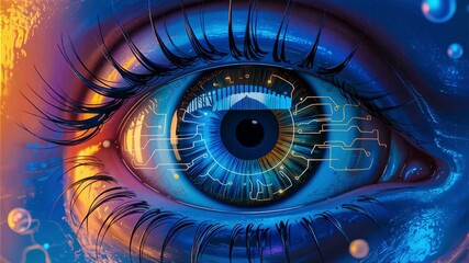 Vibrant futuristic cyber eye with glowing circuits and digital technology elements in vivid colors
- Powered by Adobe
