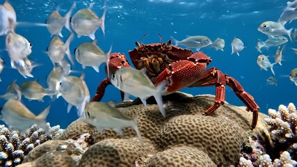 Large Red Crab on Coral Reef with Small Fish