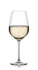 Fototapeta premium A glass of white wine with bubbles on a white background.