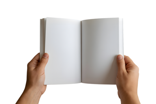 Hands holding open blank book isolated on transparent background