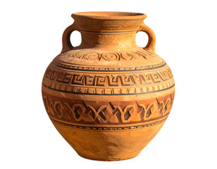 Untitled design - Terracotta Greek Vase with Geometric Patterns and Worn Texture, Antique Artifact Style, Transparent PNG
