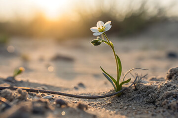 Tiny wildflower emerging from sandy soil at dawn