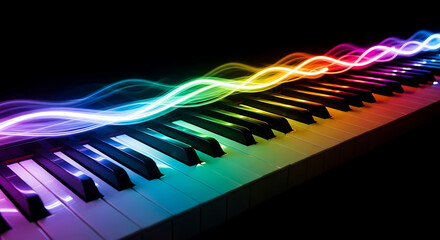 Futuristic Neon Light Stream Over Piano Keyboard Keys