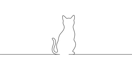 Sitting cat with a tail in one line art style. Symbol of a domestic pet and animal with editable black stroke. Vector illustration. © chekman