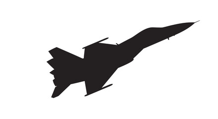 Black silhouette of a military jet angled upwards against a white background