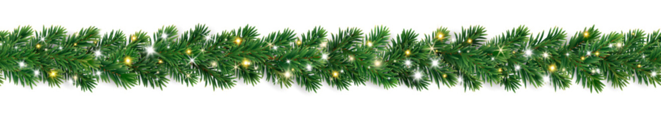 Seamless horizontal border of lush green fir branches with glowing lights and sparkles. Perfect festive decoration for banners and holiday cards. Transparent background in vector file.