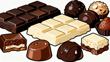 A collection of various chocolates, featuring cartoon hand-drawn vector illustrations, dark chocolate, white chocolate, hazelnut chocolate, filled chocolate, and heart-shaped chocolate