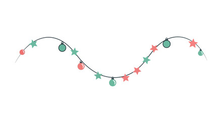 A festive string of decorative lights with red and teal stars and round ornaments on a white background
