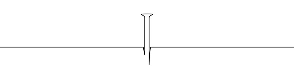 Nail driven into a surface in one line art style. Symbol of strength and fastening with editable black stroke. Vector illustration.