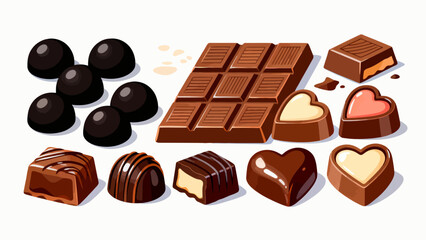 A collection of various chocolates, featuring cartoon hand-drawn vector illustrations, dark chocolate, white chocolate, hazelnut chocolate, filled chocolate, and heart-shaped chocolate
