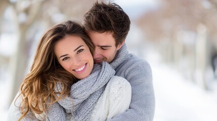 Fototapeta premium A happy couple enjoying a snowy day, wrapped in cozy scarves, radiating warmth and love in a winter setting.