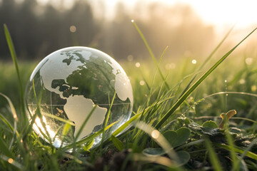 Transparent world sphere nestled in meadow