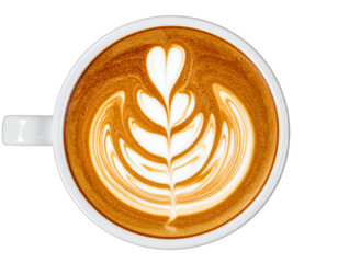 Latte Art Cappuccino in White Ceramic Cup, Top View, Isolated on Transparent Background