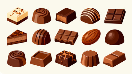 A collection of various chocolates, featuring cartoon hand-drawn vector illustrations, dark chocolate, white chocolate, hazelnut chocolate, filled chocolate, and heart-shaped chocolate