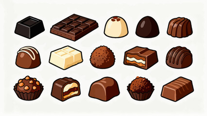 A collection of various chocolates, featuring cartoon hand-drawn vector illustrations, dark chocolate, white chocolate, hazelnut chocolate, filled chocolate, and heart-shaped chocolate