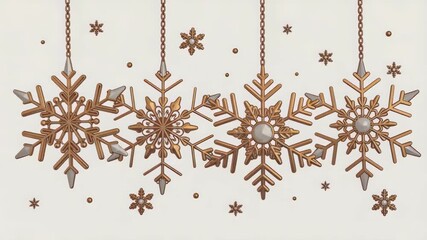 Elegant golden snowflake ornaments hanging on white background for festive winter decoration
 - Powered by Adobe