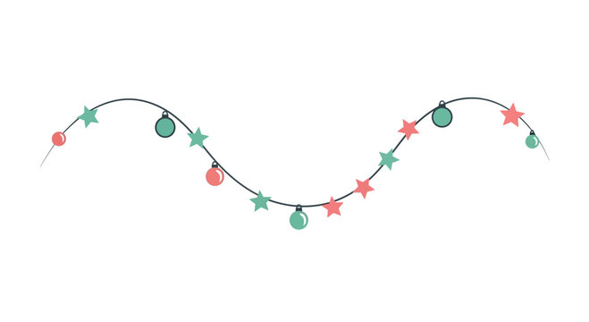 A festive string of decorative lights with red and teal stars and round ornaments on a white background