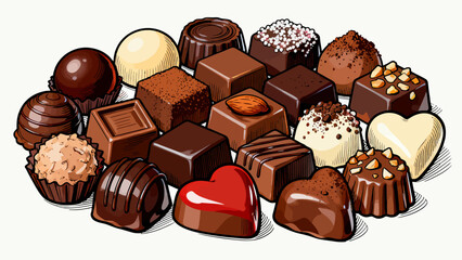 A collection of various chocolates, featuring cartoon hand-drawn vector illustrations, dark chocolate, white chocolate, hazelnut chocolate, filled chocolate, and heart-shaped chocolate