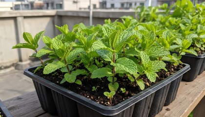 Young Mint Plants Thriving in a Tray A Look at Vibrant Green Leaves and Growing Sprouts