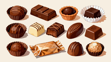 A collection of various chocolates, featuring cartoon hand-drawn vector illustrations, dark chocolate, white chocolate, hazelnut chocolate, filled chocolate, and heart-shaped chocolate