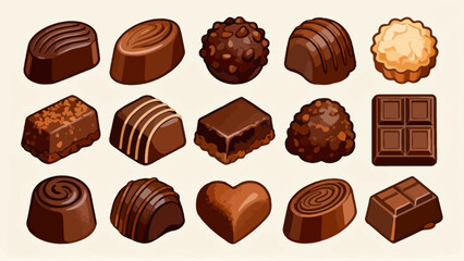 A collection of various chocolates, featuring cartoon hand-drawn vector illustrations, dark chocolate, white chocolate, hazelnut chocolate, filled chocolate, and heart-shaped chocolate
