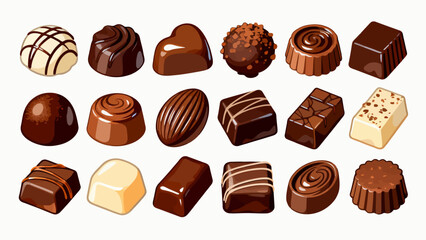 A collection of various chocolates, featuring cartoon hand-drawn vector illustrations, dark chocolate, white chocolate, hazelnut chocolate, filled chocolate, and heart-shaped chocolate