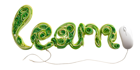 Green noodles creatively form the word learn with a matching computer mouse on a clean background