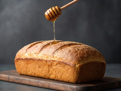 Freshly baked loaf of bread with honey being drizzled on top - Powered by Adobe