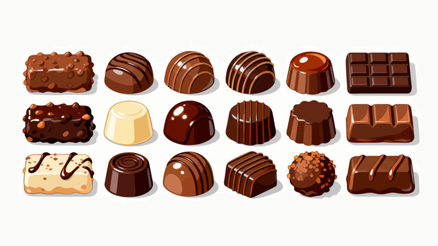 A collection of various chocolates, featuring cartoon hand-drawn vector illustrations, dark chocolate, white chocolate, hazelnut chocolate, filled chocolate, and heart-shaped chocolate