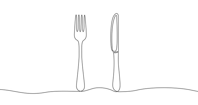 Fork and knife positioned vertically in one line art style. Symbol of dining and cutlery with editable black stroke. Vector illustration.